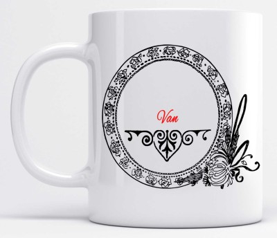 LOROFY Name Van Printed Black Floral Design White Ceramic Coffee Mug(350 ml)