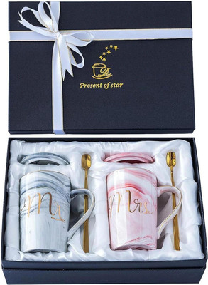 SKYTONE Mr. & Mrs. Couple with Lid Spoon Wedding Anniversary Gifts Couple Cup Set Ceramic Coffee Mug(380 ml, Pack of 2)