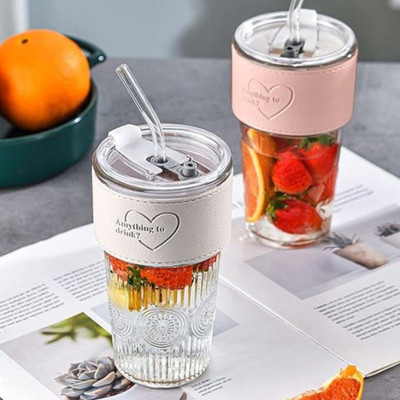 FUN FINDS 1 Pc Random Color Heart Print Glass Sipper Tumbler with Lid Straw & Sleeve Glass Water/Juice Glass(450 ml, Glass, Clear)