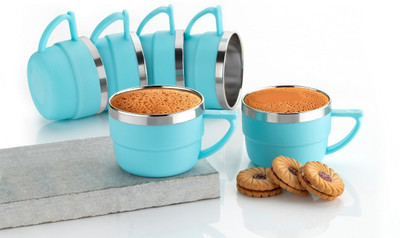 MAGICSPOON New Stainless Steel, Plastic Tea Cup Set, Coffee Cup (Blue, 200ml, Pack of 6) Stainless Steel Coffee Mug(200 ml, Pack of 6)