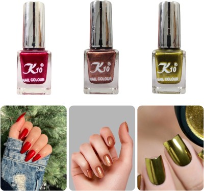 K10 Metallic finish nail Polish combo pack Red,Lemon,Coffee(Pack of 3)