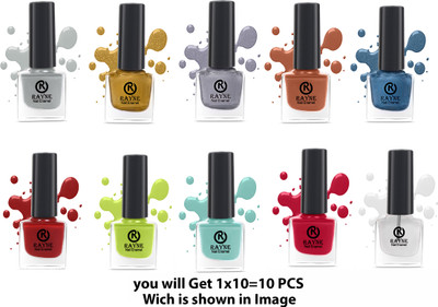 RAYNE Pastel Matte Nail Polish Combo Cranberry, Golden, Silver, Transparent, Ocean Blue, Red, Gray, Parrot, Gliiter Blue(Pack of 10)