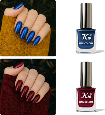 K10 Long Lasting Metallic Nail Polish Combo Blue, Maroon(Pack of 2)