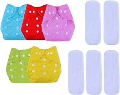 smilykid Multicolor Reusable Washable, Pack of 5 Cloth Diaper + 5 Insert for Baby