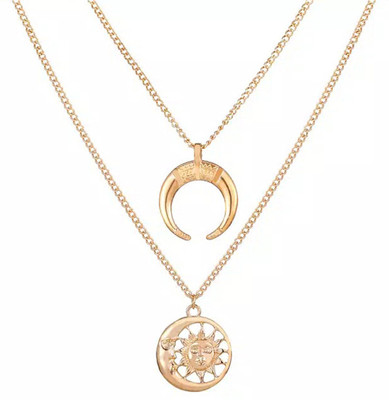 goho Golden Color Crescent and Sun Pendant Layered Necklace Alloy Pendant Set