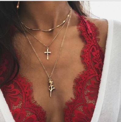 Arzonai Retro Rose Pendant Metal Snake Chain Long Multilayer Cross Three Layer Necklace Metal Layered