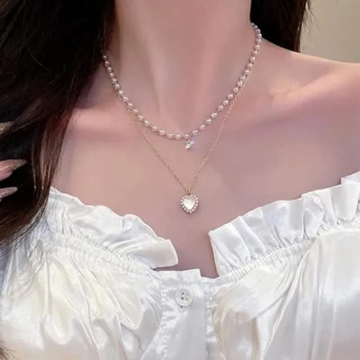 Arvora Dainty Gold-Plated Necklace with Pearls & Heart Pendant for Everyday Wear Alloy Layered