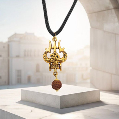 Fine Creation Shiv Trishul OM locket for boys With Dhaga Best Gift to Loved Ones Gold-plated Brass Pendant