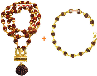 Astrodidi Rudraksha Trishul Damru Shiv Shakti Kavach with 5 Mukhi Cap Mala and Bracelet Gold-plated Brass Pendant