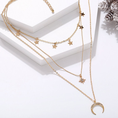 JDENTERPRISES Three Layered Moon Studded Star Necklace For Girls And Women Gold-plated Plated Alloy Necklace