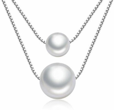 Bling Queen Women's Double Layered Pearl Pendant Necklace With Box Chain Pearl Metal Necklace