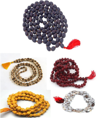 DIVINE SOUVENIRS Natural 5 japa mala Combo of Vaijayanti/lal Chandan/tulsi/haldi & Kamal gatta Beads Fabric, Alloy Layered