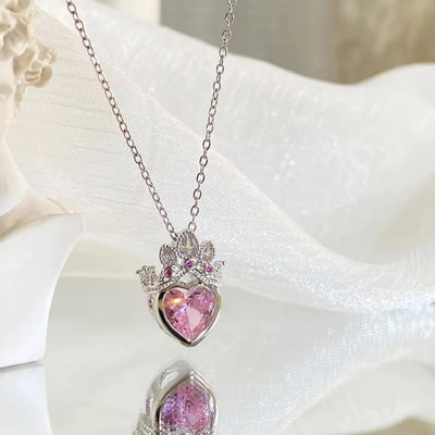 CARIA Stylish Crown Heart Pendant for Women | Pink Stone Necklace Cubic Zirconia, Onyx Stainless Steel Pendant