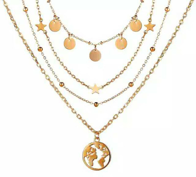 goho Golden Colored Layered Necklace with Star and Globe Charms Alloy Pendant Set