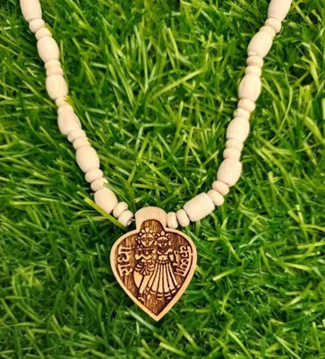 DEVODAZZLE Tulsi Kanth Mala with New Radha Krishna Heart Shaped Locket Wooden Beads Wood Necklace