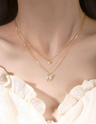 darpan Trendy Korean Rose Gold Plated Double Layer Butterfly Neckchain Zircon Gold-plated Plated Alloy Chain