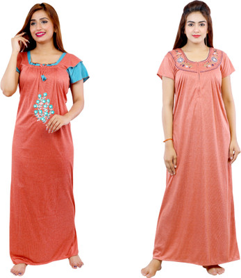 NACNO Women Nighty Set(Maroon, Brown)