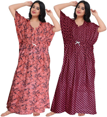 Hans Crafted Women Nighty Set(Orange, Maroon)