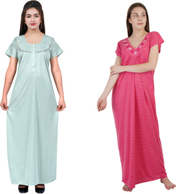 NACNO Women Nighty(Green, Pink)