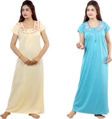 NACNO Women Nighty Set(Yellow, Blue)