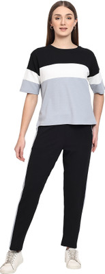 HouseOfCommon Women Colorblock Grey Top & Pyjama Set