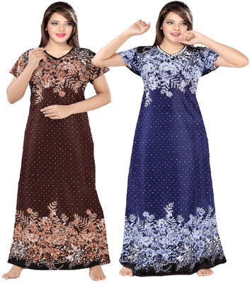 Hans Crafted Women Nighty(Brown, Blue)