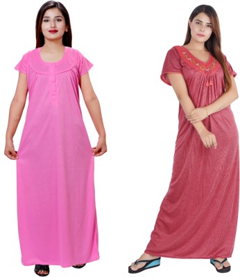 NACNO Women Nighty(Pink, Maroon)