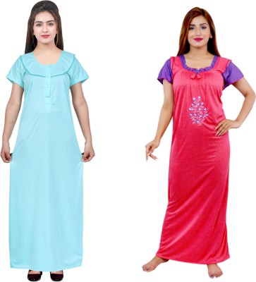 NACNO Women Nighty(Pink, Light Blue)