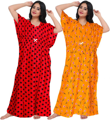 Hans Crafted Women Nighty Set(Red, Yellow)