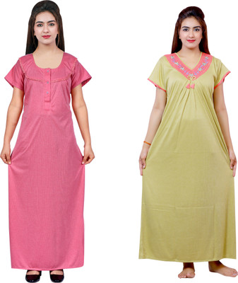 NACNO Women Nighty(Pink, Green)
