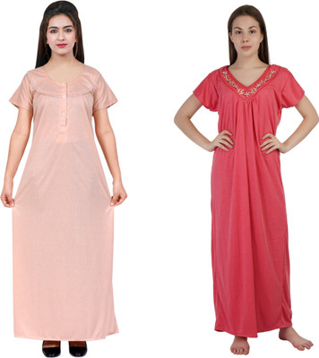 NACNO Women Nighty(Beige, Pink)
