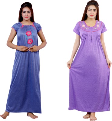 NACNO Women Nighty Set(Blue, Purple)