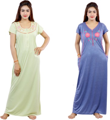 NACNO Women Nighty(Green, Blue)