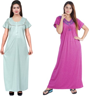 NACNO Women Nighty(Light Green, Pink)