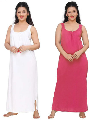 PHFS Women Nighty(White, Pink)