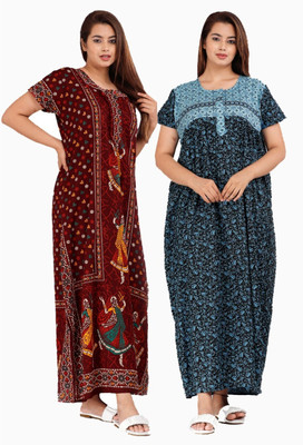 Hans Crafted Women Nighty Set(Maroon, Blue)