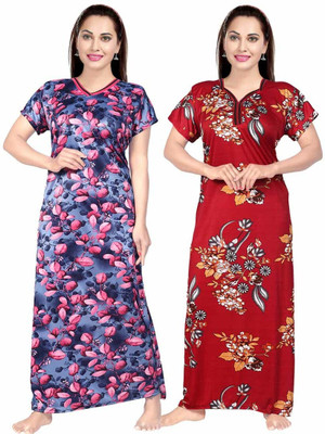 Hans Crafted Women Nighty(Grey, Maroon)