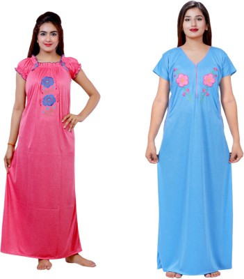 NACNO Women Nighty(Pink, Light Blue)