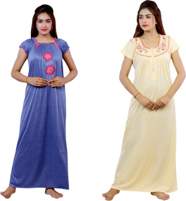 NACNO Women Nighty(Blue, Yellow)