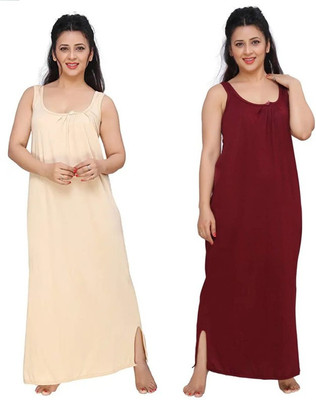 PHFS Women Nighty(Beige, Maroon)