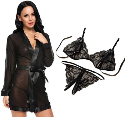 Lovie's Women Robe and Lingerie Set(Black, Black)