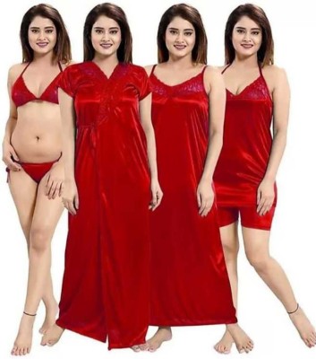 NIGHTGIRL Women Robe and Lingerie Set(Red)