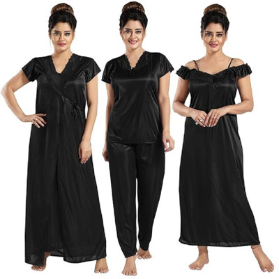 KIRROX Women Nighty with Robe(Black)