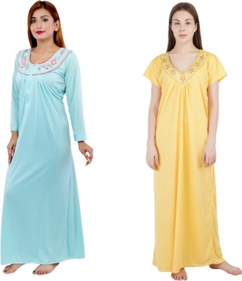 NACNO Women Nighty(Light Blue, Yellow)