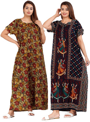 Hans Crafted Women Nighty Set(Brown, Blue)