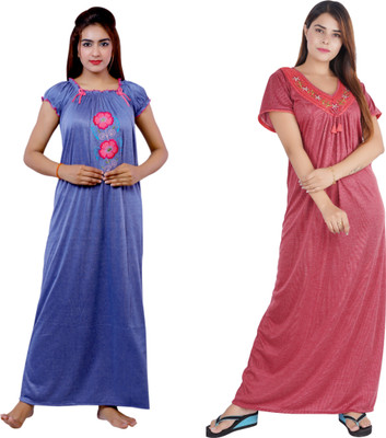 NACNO Women Nighty(Blue, Maroon)