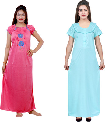 NACNO Women Nighty(Pink, Light Green)