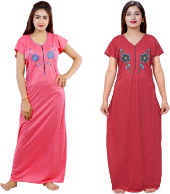 NACNO Women Nighty(Pink, Maroon)