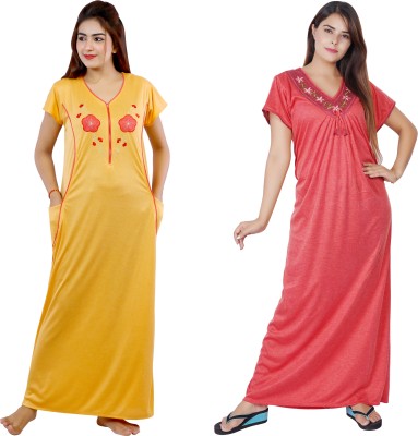 NACNO Women Nighty(Yellow, Red)