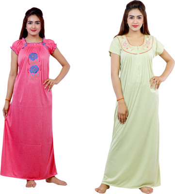 NACNO Women Nighty Set(Pink, Green)